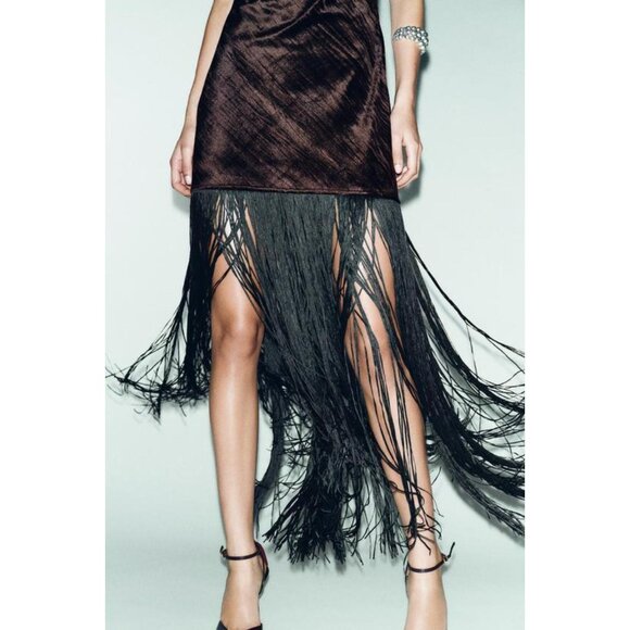 ZARA VELVET FRINGED MIDI DRESS - Picture 5 of 11